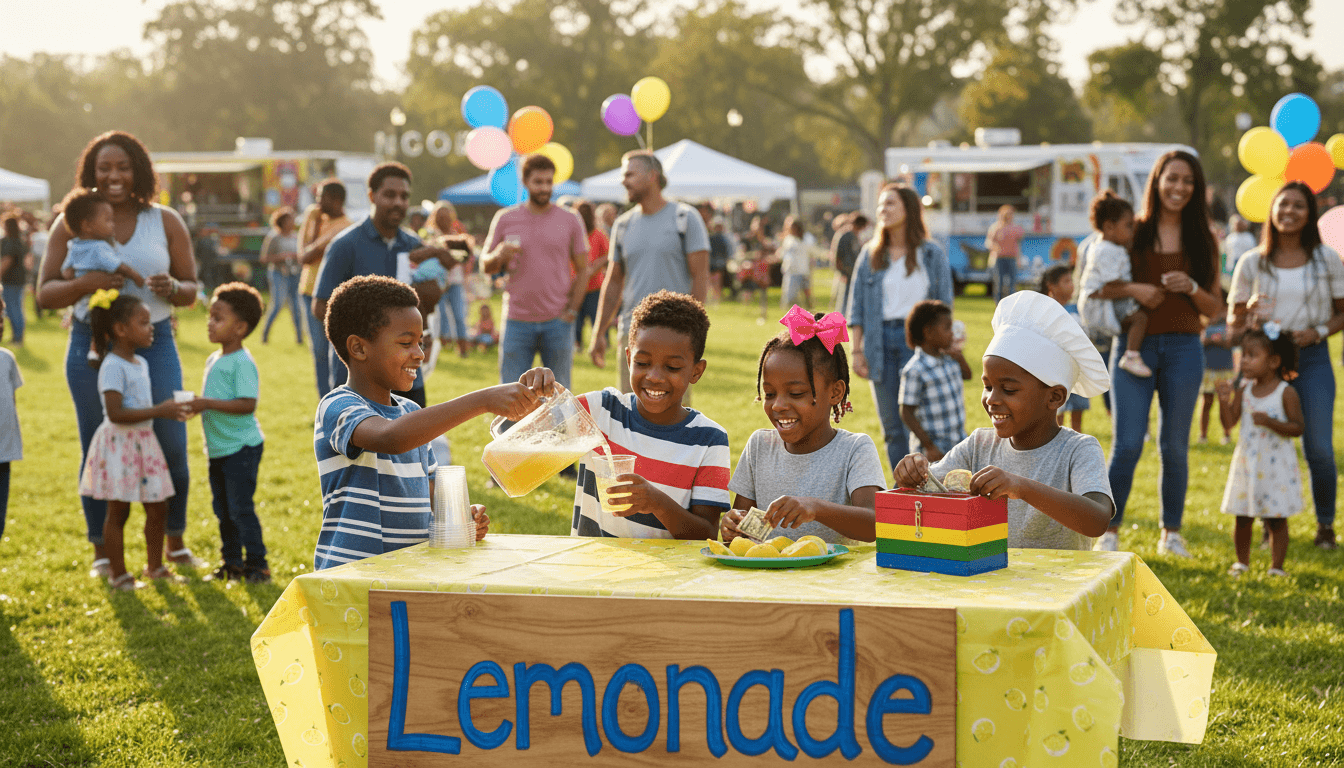 Kids running lemonade stand at community event