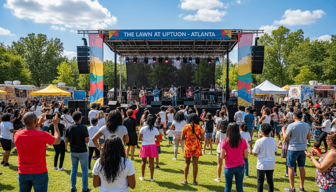 Young performer on stage with guitar during a free outdoor concert