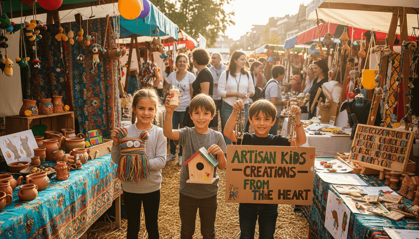 Children displaying handmade crafts at outdoor market booth