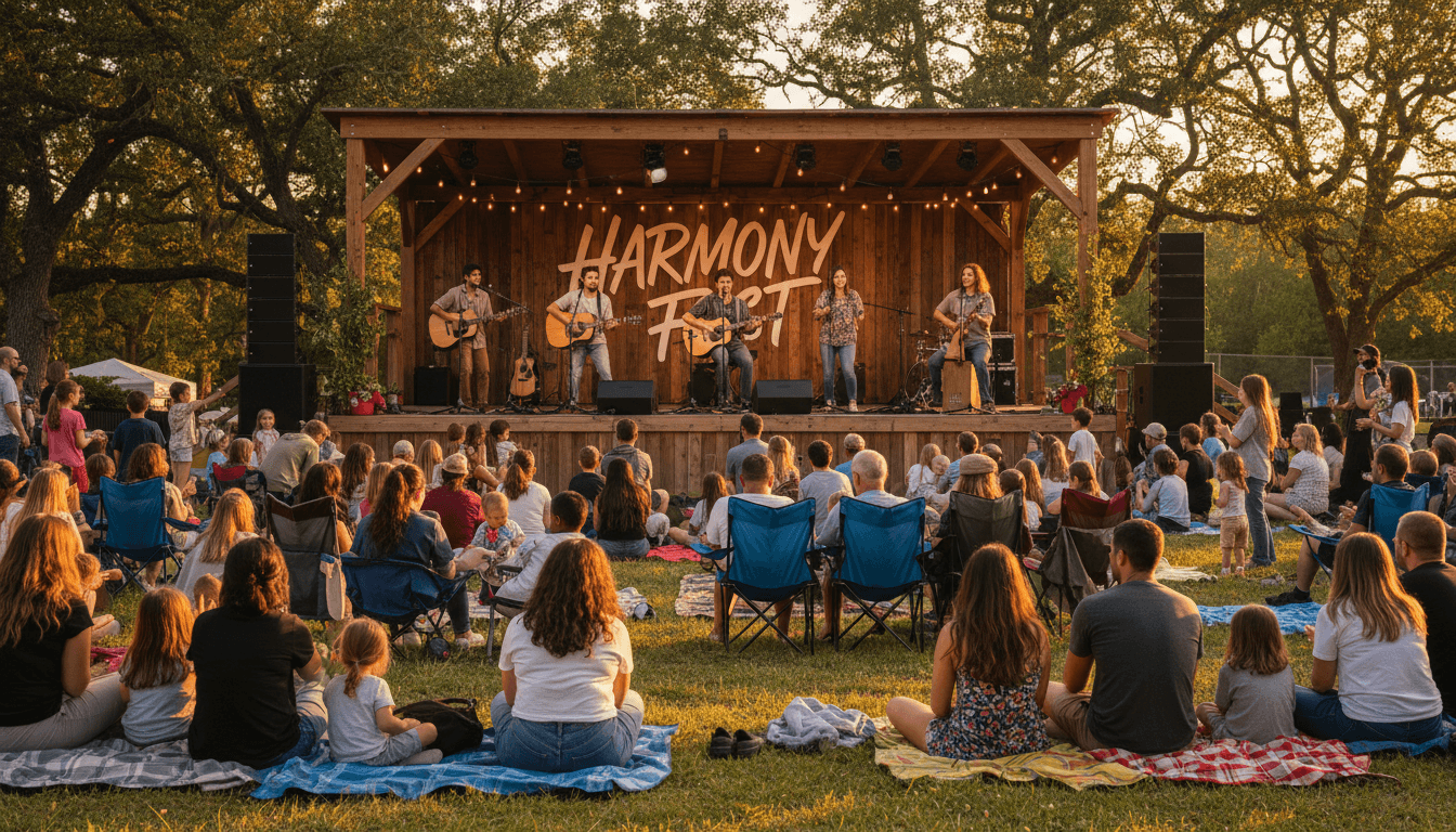 Families enjoying a free outdoor children's music concert in Atlanta