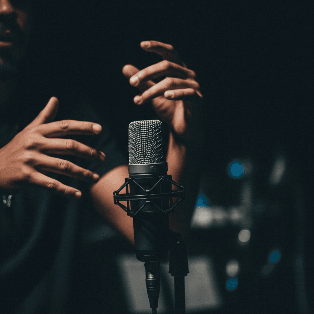 Child rapping into microphone on stage