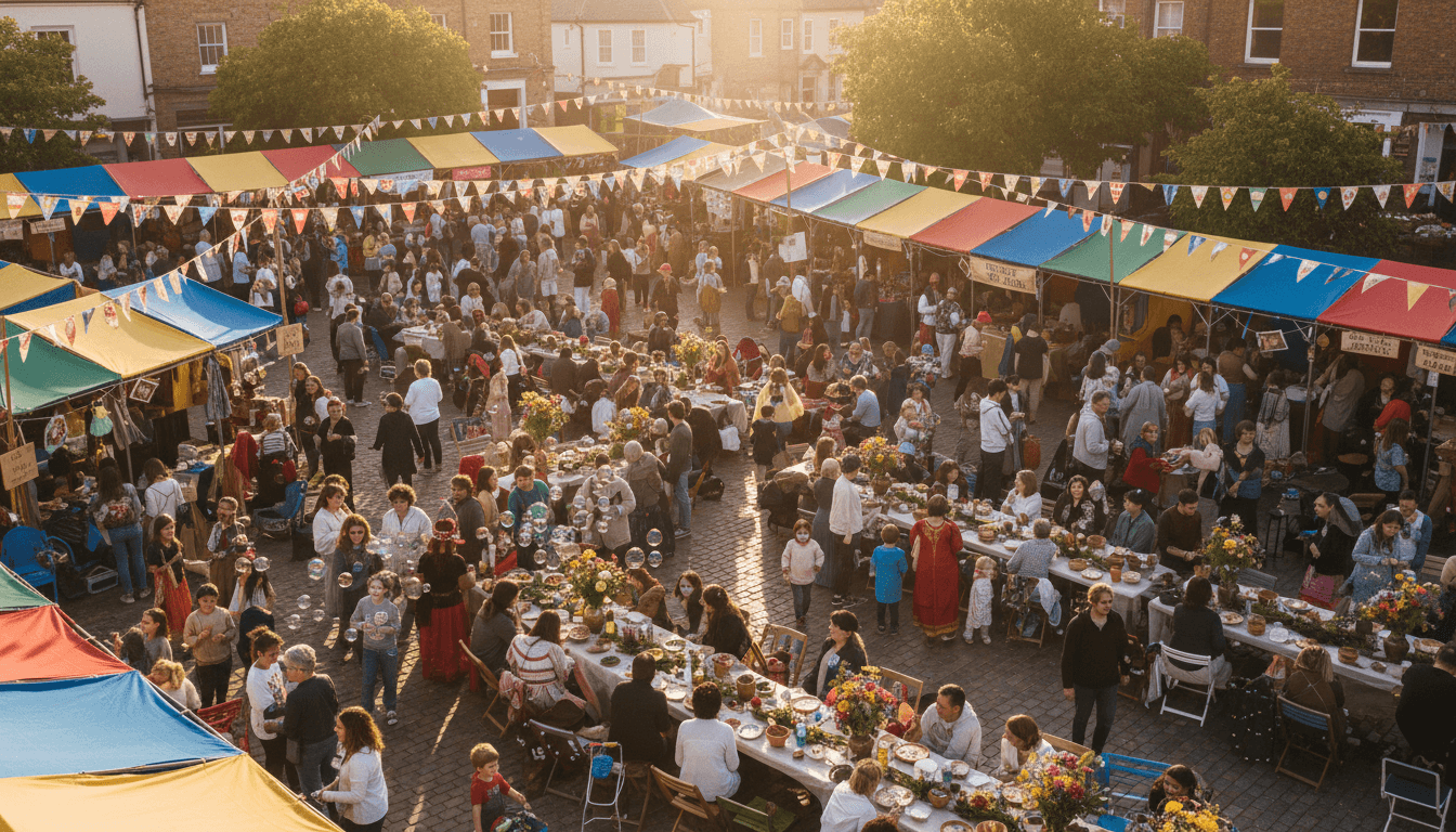 Vendor tents set up at a community event with families browsing in a park